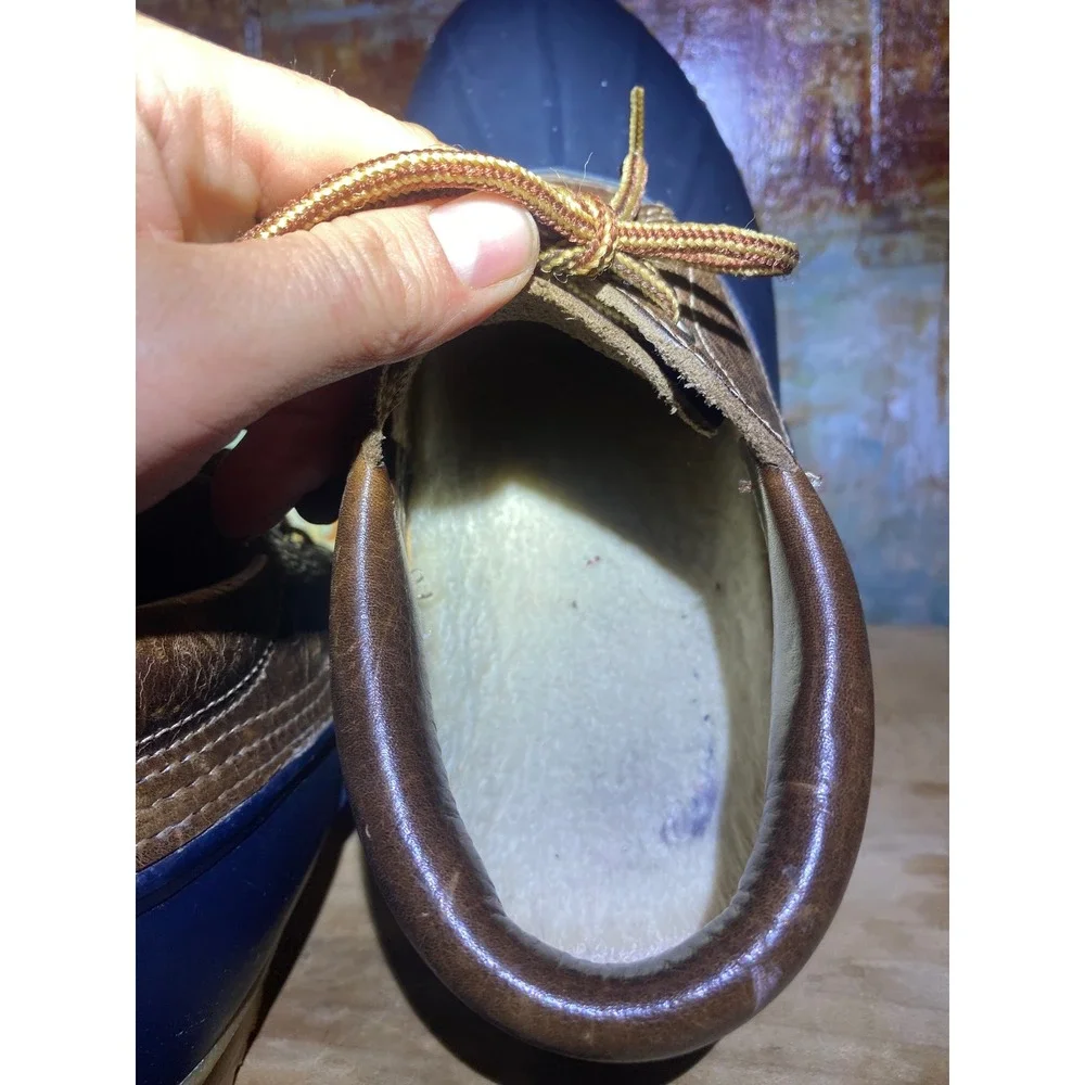 Eddie Bauer Duck Shoes Mens 9 Navy Blue Brown Leather Rubber Rain Mud Boots 4072